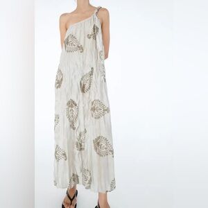 Zara One-Shoulder Dress in White with Gold Patterns
